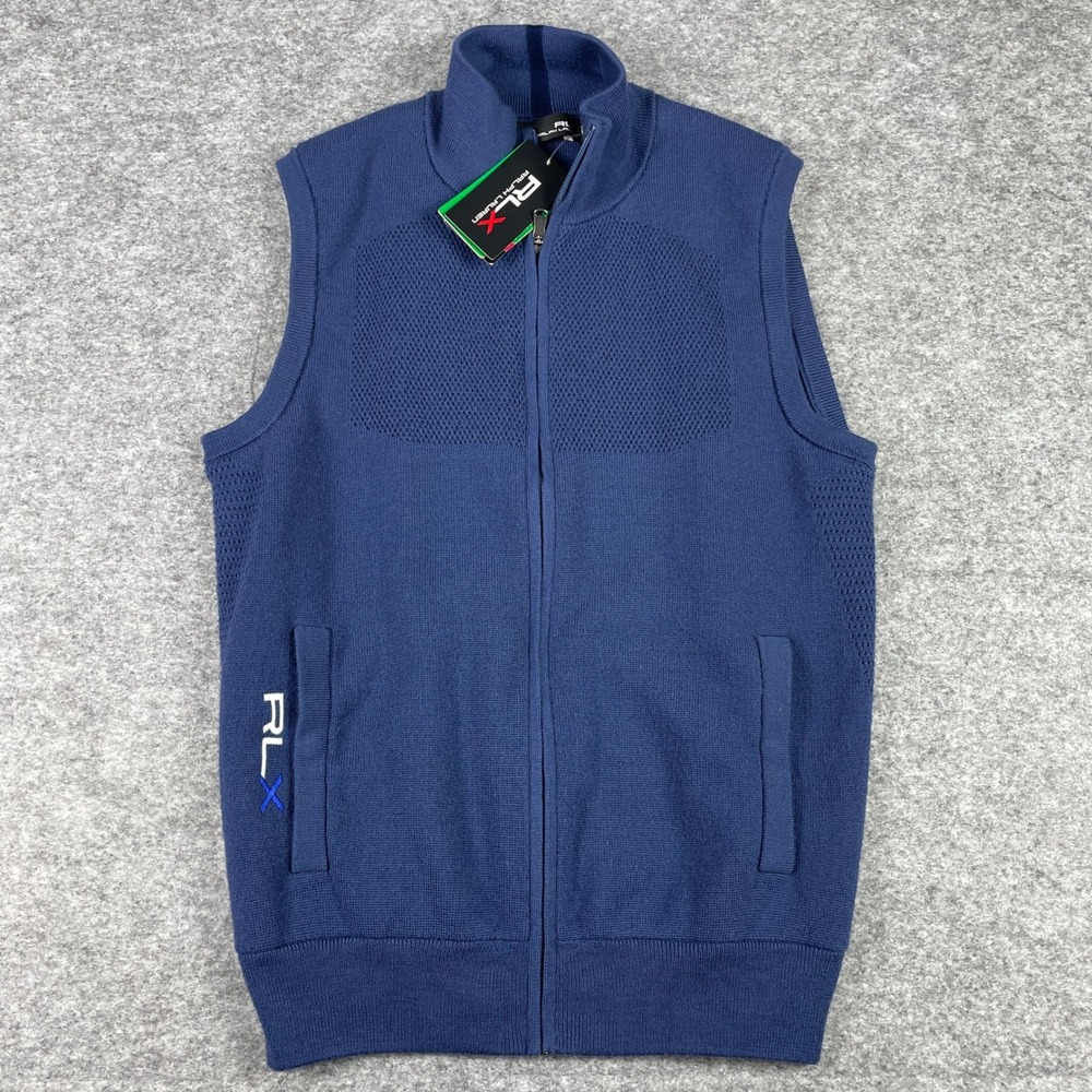 RLX Ralph Lauren Vest Mens S Blue Wool Blend Full Zip CoolMax Knit NEW